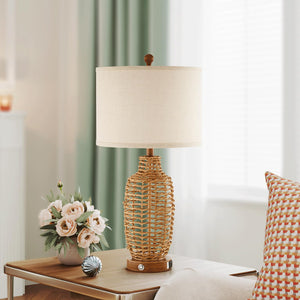 Rattan Table Lamps Set of 2 with USB Port & Dimmable Touch Control