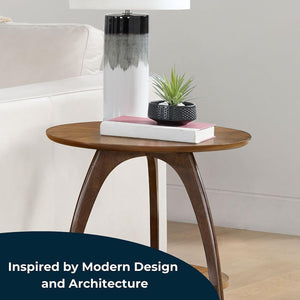 Round Wood End Table – Mid-Century Modern Side Table with Lower Shelf