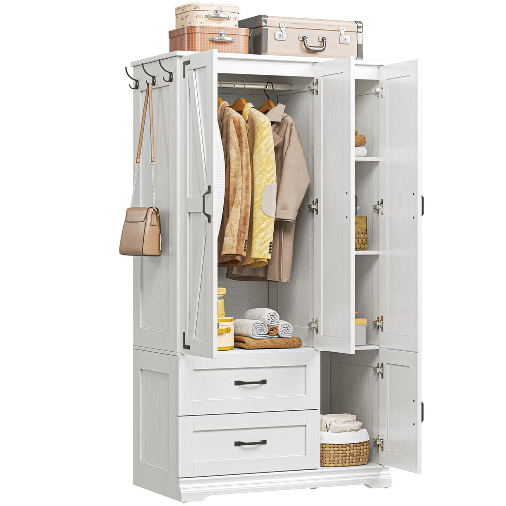 Farmhouse Wardrobe Closet with 4 Doors & 2 Drawers – 71" H