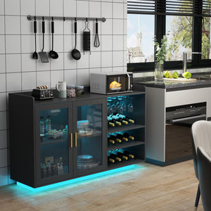 Wine Bar Cabinet with LED Lights, Glass Doors & Removable Wine Racks