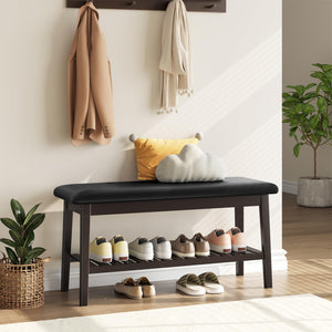 Bamboo Dining & Entryway Bench with PU Leather Seat