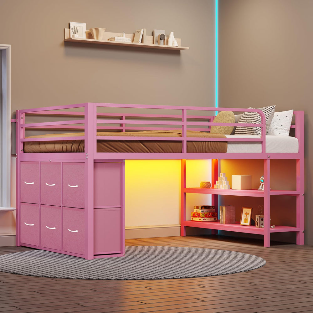 Twin Low Loft Bed with LED Lights & Storage Drawers