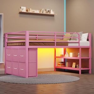 Twin Low Loft Bed with LED Lights & Storage Drawers