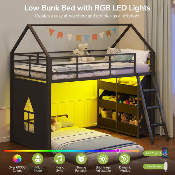 L-Shaped Twin Over Twin Bunk Bed with Storage Bins & LED Lights