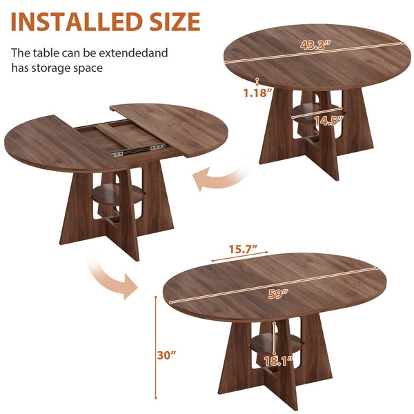 Round Extendable Dining Table with Storage Shelf — Seats 4 to 8