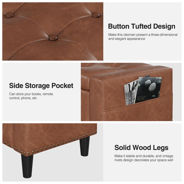 60" Upholstered Storage Ottoman Bench with Tufted Faux Leather & Nailhead Trim