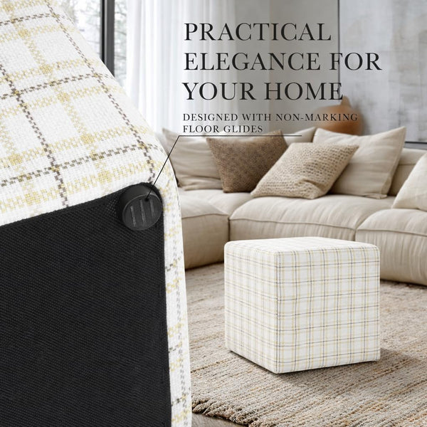 19" Square Upholstered Cube Ottoman – Wood Frame, Plaid Fabric
