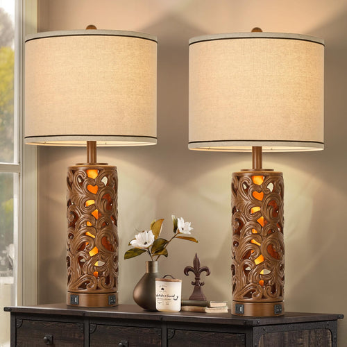 Farmhouse Table Lamps Set of 2 with USB Charging Ports