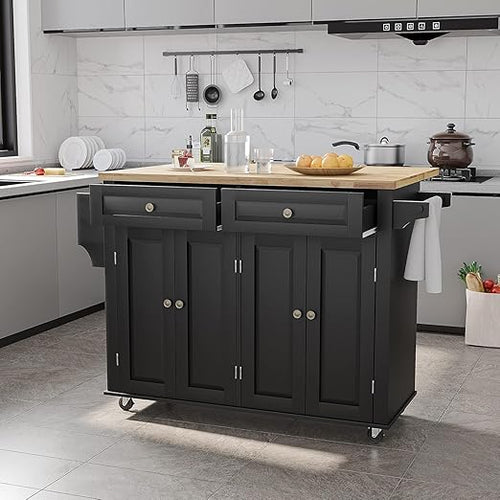 Rolling Kitchen Island Cart with Drop Leaf & Storage Cabinet