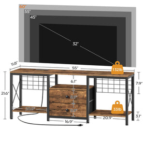 TV Stand with Power Outlet, Fabric Drawers & Cable Management