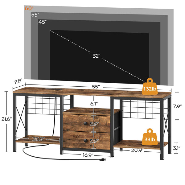 TV Stand with Power Outlet, Fabric Drawers & Cable Management