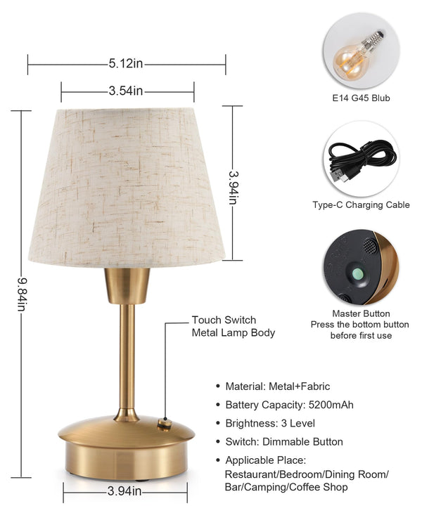 2 Pack Small Cordless Table Lamp for Restaurant Dinner Table, 5200mAh Battery Operated Lamps, Rechargeable Portable Dimmable Touch Bedside Night Light for Side End Table Dining Room Patio Outdoor