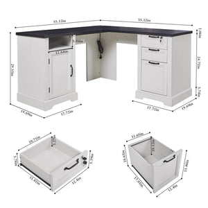 L-Shaped Farmhouse Executive Desk with Charging Station, Lockable Drawers & File Cabinet