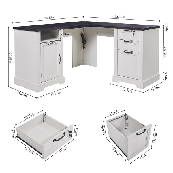 L-Shaped Farmhouse Executive Desk with Charging Station, Lockable Drawers & File Cabinet