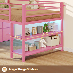 Twin Low Loft Bed with LED Lights & Storage Drawers