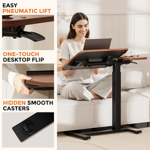 GTPLAYER Overbed Bedside Table with Wheels,Tiltable Hospital Bed Table Over The Bed, Pneumatic Adjustable Rolling Laptop Desk, Mobile Standing Desk for Hospital and Home Use (Walnut)
