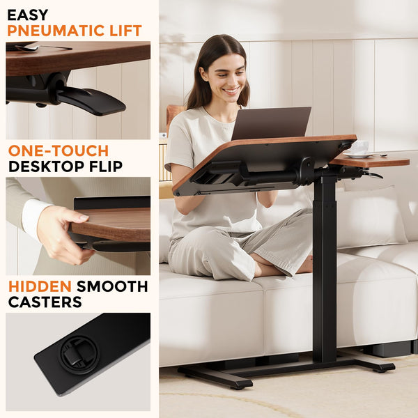 GTPLAYER Overbed Bedside Table with Wheels,Tiltable Hospital Bed Table Over The Bed, Pneumatic Adjustable Rolling Laptop Desk, Mobile Standing Desk for Hospital and Home Use (Walnut)