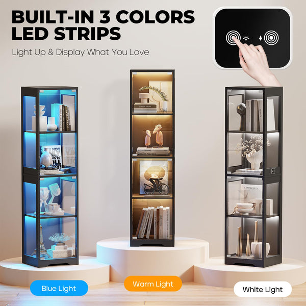 Glass Display Cabinet 4-Tier with LED Lights & Motion Sensor