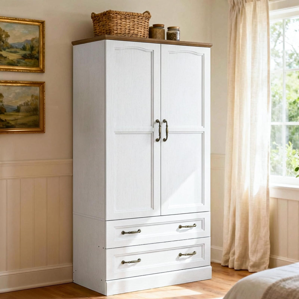 Farmhouse Armoire Wardrobe Closet with 2 Doors & 2 Drawers