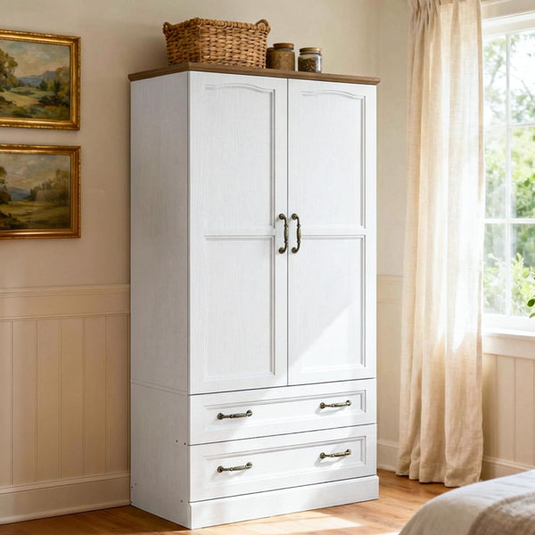 Farmhouse Armoire Wardrobe Closet with 2 Doors & 2 Drawers
