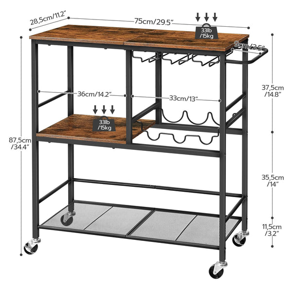 3-Tier Bar Cart with Wine Rack & Glass Holder
