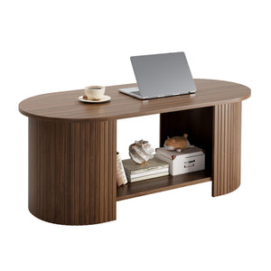 Oval Fluted Coffee Table with 2-Tier Storage