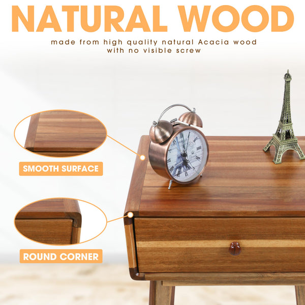 Mid-Century Acacia Wood Nightstand with Drawer