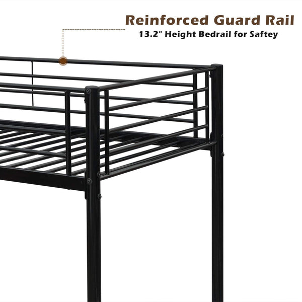 Twin Over Twin Metal Bunk Bed with Flat Ladder & High Guardrail