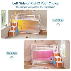 Twin Over Twin Low Bunk Bed with Storage Drawers and LED Lights