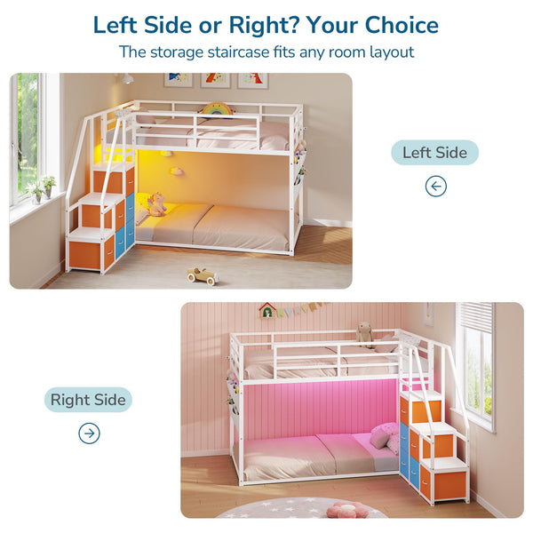 Twin Over Twin Low Bunk Bed with Storage Drawers and LED Lights