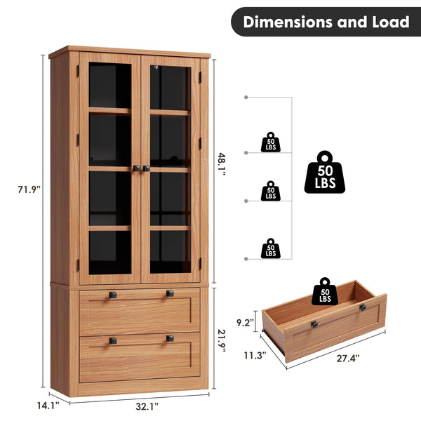 71" Tall Kitchen Pantry Cabinet with Glass Doors & Drawers