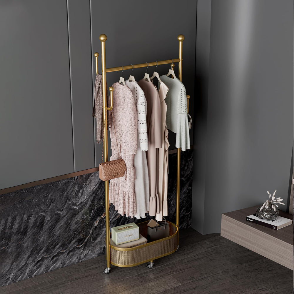 Gold Metal Garment Rack with Storage Basket