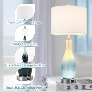 26in Tall Glass Table Lamps Set of 2 with USB Ports & LED Nightlight