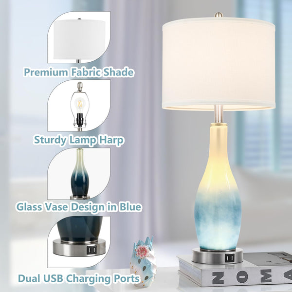 26in Tall Glass Table Lamps Set of 2 with USB Ports & LED Nightlight