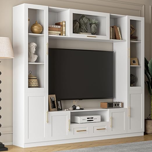 126" Entertainment Center Wall Unit with Glass Doors & Drawers
