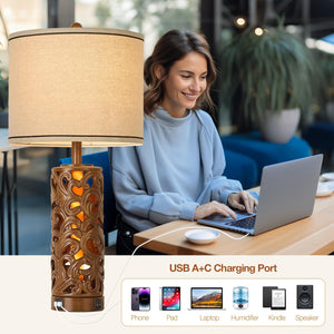Farmhouse Table Lamps Set of 2 with USB Charging Ports