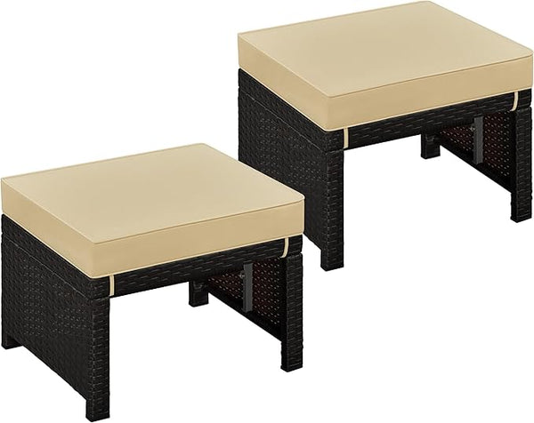 Outdoor Wicker Ottoman Set of 2 with Removable Cushion