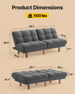 65" Convertible Futon Sofa Bed – Corduroy Fabric, Grey