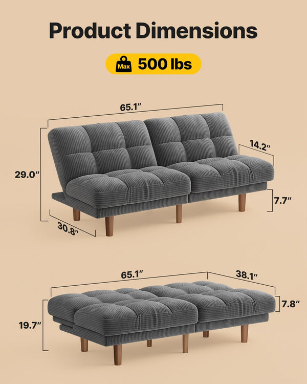 65" Convertible Futon Sofa Bed – Corduroy Fabric, Grey