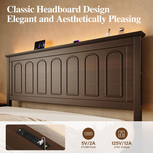 Queen Bed Frame with Headboard, LED Lights & Charging Ports