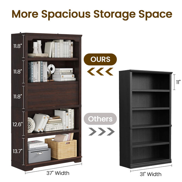 71-Inch 5-Tier Bookcase with Flip-Down Door, 37" Wide Freestanding Wood Bookshelf