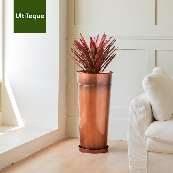 Tall Copper Metal Planters Set of 2 with Inner Pots and Trays