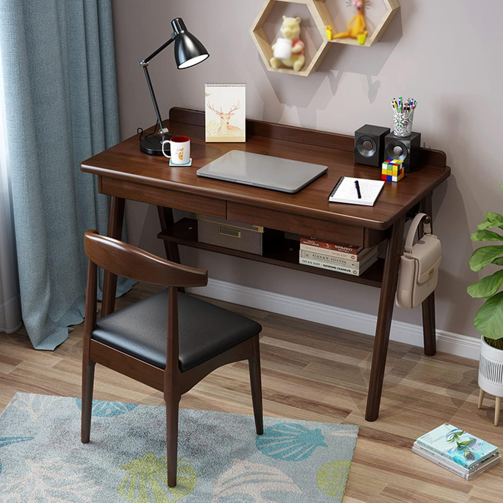 Solid Wood Writing Desk, 47" Mid-Century Modern with 2 Drawers & Storage Shelf