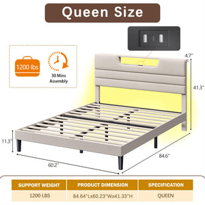 Queen Platform Bed with LED Lights & Charging Station