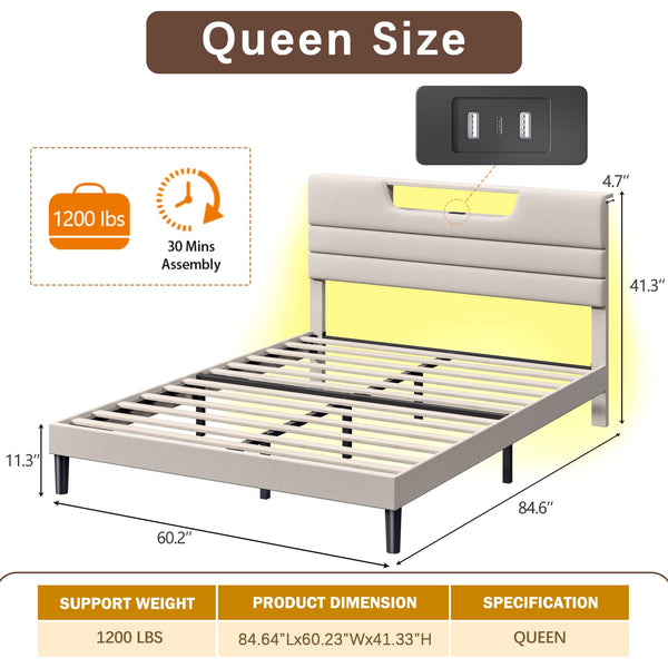 Queen Platform Bed with LED Lights & Charging Station