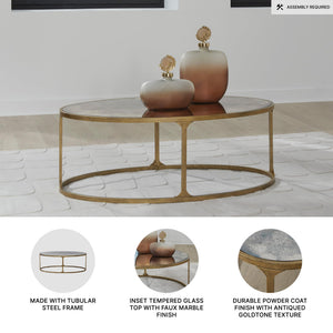 Oval Coffee Table – Tempered Glass Top, Faux Marble Finish, Antique Gold