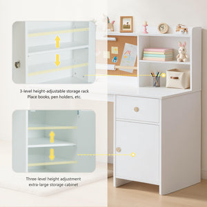 Kids Study Desk and Chair Set with Hutch, Storage Cabinet & Night Light