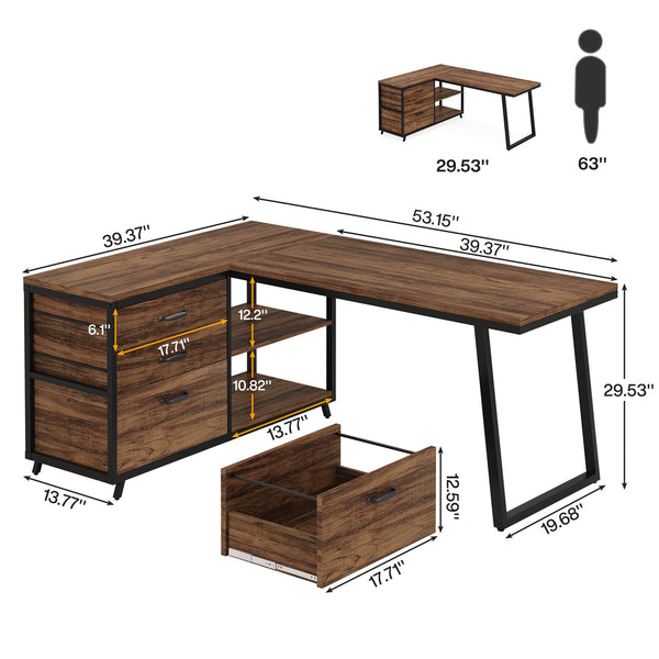 Reversible L-Shaped Computer Desk with Drawers & Shelves