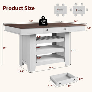 Farmhouse Counter Height Dining Table with Wine Rack & Storage