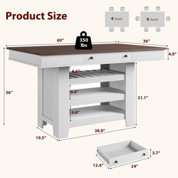Farmhouse Counter Height Dining Table with Wine Rack & Storage